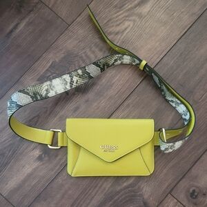 GUESS Mustard Small Crossbody Bag with Adjustable Snake Print Strap.